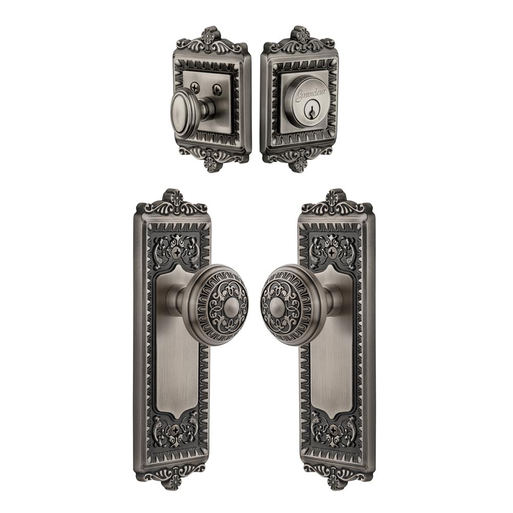 Grandeur by Nostalgic Warehouse Single Cylinder Combo Pack Keyed Differently - Windsor Plate with Windsor Knob and Matching Deadbolt in Antique Pewter
